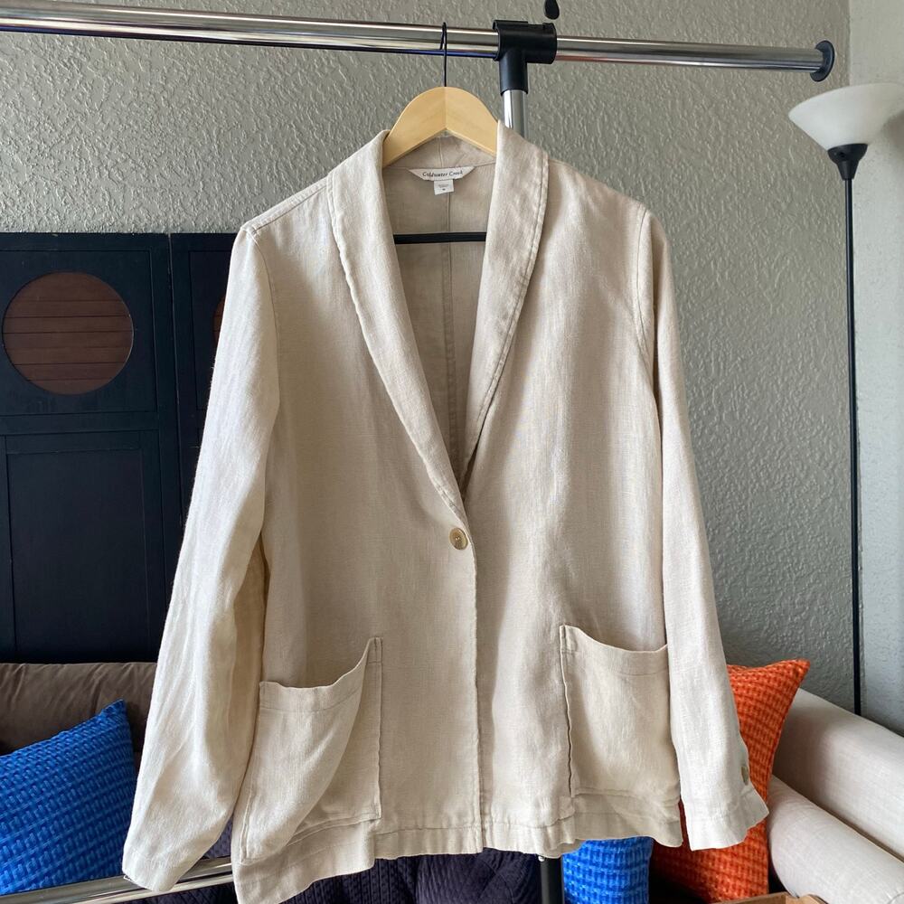 VTG Coldwater Creek Linen Blazer Jacket Sweater Beige Medium Oversized Pockets